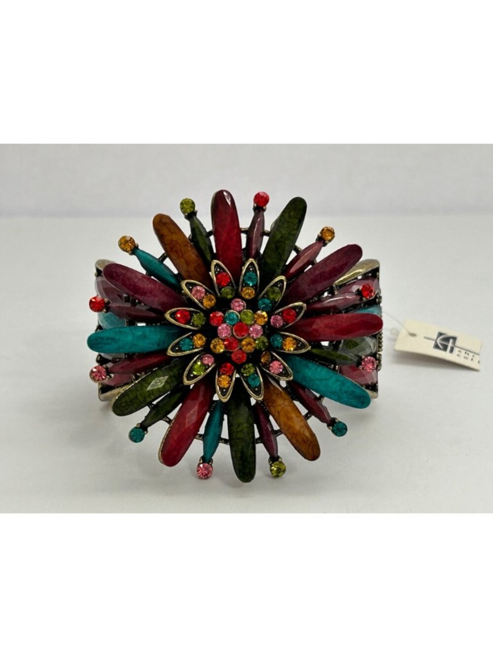 Vintage SDLZ Colorful Rhinestone Flower Faceted Cuff Bracelet Gold-Tone Costume - Picture 5 of 8